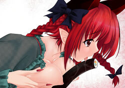 animal_ears between_breasts bow braid breast_squeeze breasts clavicle female fingernails food hair_ornament hairbow high_resolution large_breasts licking makizushi multi_ear nail_polish nekomimi nipples oerba_yun_fang pointed_ears red_eyes red_hair rin_kaenbyou saliva setsubun sexually_suggestive solo sushi tied_hair tongue touhou twin_braids very_high_resolution wahara_romasa