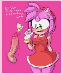 2019 4_fingers accessory amy_rose anthro balls bodily_fluids breasts clothed clothing dialogue disembodied_penis dress duo english_text erection eulipotyphlan female fingers genitals green_eyes hair_accessory hairband hedgehog hi_res humanoid_penis looking_at_penis malcontentus male mammal nervous open_mouth penis penis_awe pink_background simple_background sonic_(series) sonic_the_hedgehog_(series) sweat sweatdrop text video_games