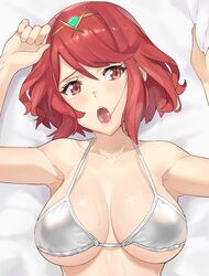 1girls bikini blush breasts female huge_breasts j@ck nintendo on_back open_mouth pyra_(xenoblade) red_eyes red_hair saliva_trail short_hair solo wet xenoblade_(series) xenoblade_chronicles_2