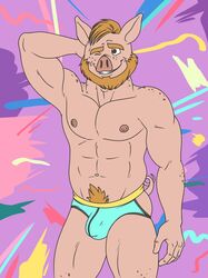 90's_theme absurd_res anthro beard biped blonde_hair brown_eyes bulge clothing collin_peck colorful_background domestic_pig facial_hair freckles hair hi_res humanoid_hands invalid_tag jockstrap male male_only mammal muscular muscular_male navel nipples pig_nose pose pubes rthur simple_background smile solo suid suina sus_(pig) underwear