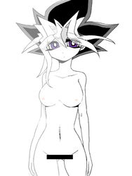 bar_censor blue_plan censored female genderswap_(mtf) large_breasts monochrome navel purple_eyes rule_63 solo spiky_hair yu-gi-oh! yugi_muto