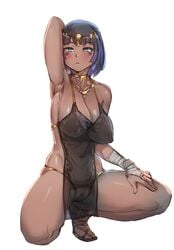 arm_behind_head arm_up armpits bandaged_arm bandages bare_legs blue_eyes blush bow_(bhp) breasts brown_hair circlet cleavage clitoris closed_mouth collarbone commentary_request copyright_request dark_skin female full_body hand_on_own_thigh inverted_nipples jewelry large_breasts looking_at_viewer navel necklace pussy sandals see-through short_hair sketch sleeveless solo squatting uncensored