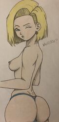 1girls android android_18 big_ass big_breasts blonde_hair blue_eyes breasts color dragon_ball dragon_ball_super dragon_ball_z earrings fit_female milf no_bra one_eye_closed pierced_nipples thong topless whutd00d wide_hips wink