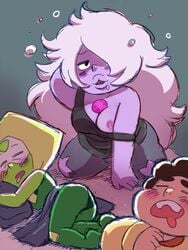 1boy 2girls :3 amethyst_(steven_universe) areolae arm_support arms_behind_head big_breasts black_tank_top blush breasts chibi cleavage clothed clothed_female color curly_hair drooling eyebrows eyebrows_visible_through_hair eyes_closed female female_focus gem gem_(species) gnome-no grey_background hair_over_one_eye half-closed_eyes hips human kneeling leggings leotard long_hair male messy_hair nipples one_breast_out one_eye_covered open_mouth peridot_(steven_universe) plump_lips purple_hair purple_skin simple_background sleeping steven_quartz_universe steven_universe strap_slip tank_top thick_thighs thighs tired young