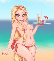 1girls areolae beach bikini_bottom blonde_hair breasts clothing female female_only hair kionant long_hair medium_breasts nipples solo