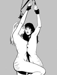 2girls arms_above_head black_and_white bondage bound_together breasts bruce_morgan chains cuffs female femsub mia_michael multiple_girls multiple_subs nude whip_marks whipping wrist_cuffs