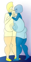 5h4m3l355 absurdres alien alien_girl alien_humanoid areolae big_breasts blonde_hair blue_body blue_hair blue_pearl_(steven_universe) blue_skin bottomless breast_squeeze breast_squish breasts breasts_bigger_than_head cartoon_network closed_eyes gem_(species) gigantic_breasts highres huge_breasts hyper hyper_breasts imminent_kiss nipples open_eyes pointy_nose shocked sideass steven_universe thighhighs topless yellow_body yellow_eyes yellow_pearl_(steven_universe) yellow_skin yuri