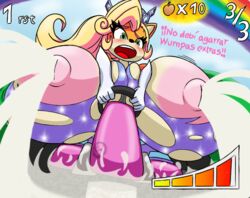 anthro areola blush breast_milk breasts coco_bandicoot crash_(series) driving huge_breasts hyper_areola hyper_breasts lactation milk milk_squirt milking milking_machine princess race racing racing_suit spanish_text surprise surprised text trying_not_to_lactate valerya5 video_games