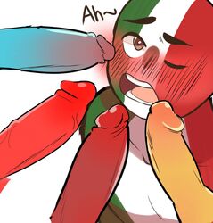 blue_penis blush brown_eyes bukkake countryhumans gay green_body green_skin male_only mexico mexico_(countryhumans) multicolored_body multicolored_skin multiple_penises naked one_closed_eye one_closed_eyes one_eye_closed one_eye_open open_mouth red_body red_penis red_skin teeth thick_eyebrows tongue vein veiny_penis white_body white_skin yellow_penis