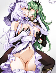 2girls areolae artist_name azur_lane big_breasts breasts closed_eyes dated female female_only green_hair groping hair illustrious_(azur_lane) littorio_(azur_lane) long_hair minacream multiple_girls navel nipples pussy showgirl_skirt signature video_games yuri