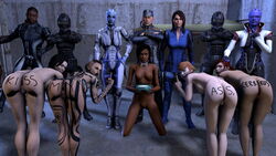 3d 3d_(artwork) alien alien_girl anus aria_t'loak asari ashley_williams ass ass_up bent_over black_hair blue_eyes body_writing commander_shepard dark-skinned_female dark-skinned_male dark_skin female femshep green_eyes holding_object human jack_(mass_effect) jacob_taylor kelly_chambers liara_t'soni marine mass_effect mass_effect_3 maya_brooks middle_finger miranda_lawson multiple_girls orange_hair pussy red_hair slave steven_hackett tattoos taunting teasing vg05 writing_on_ass