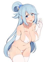 1girls aqua_(konosuba) big_breasts bikini blue_eyes blue_hair breasts fellatio_gesture female female_only kono_subarashii_sekai_ni_shukufuku_wo! long_hair looking_at_viewer no_nude seihekiog simple_background solo thighhighs tongue tongue_out white_background white_bikini white_legwear