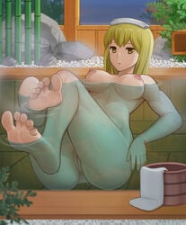 aiz_wallenstein anus ass bare_legs barefoot bath bathing blonde_hair breasts censored completely_nude dungeon_ni_deai_wo_motomeru_no_wa_machigatteiru_darou_ka feet female highres looking_at_viewer mosaic_censoring nipples nude onsen partially_submerged pov_feet pussy sitting soles solo_(twsolo) steam toe_scrunch toenails toes towel towel_on_head yellow_eyes