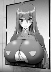 akiyama_rinko anus ass ass_as_tits ass_boobs back_boob bangs bar_censor blush bodysuit censored female glory_wall greyscale hair_between_eyes highres long_hair lovelovemaid monochrome portrait_(object) pussy smile solo stuck_in_wall taimanin_(series) taimanin_yukikaze through_wall vagina