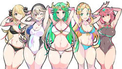 5girls abs alternate_breast_size armpits bikini corrin_(fire_emblem) corrin_(fire_emblem)_(female) crossover cynthia_(pokemon) edit enpe female_only fire_emblem fire_emblem_fates human kid_icarus large_breasts looking_at_viewer manakete medium_breasts nintendo palutena pokemon pokemon_dppt princess_zelda pyra_(xenoblade) swimsuit the_legend_of_zelda thick_thighs third-party_edit wallpaper wide_hips xenoblade_(series) xenoblade_chronicles_2 zelda_(breath_of_the_wild)