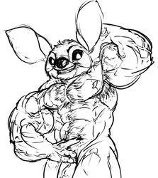 2012 alien areola armpit_hair biceps big_muscles black_and_white body_hair disney experiment_(lilo_and_stitch) flexing furry_(artist) genitals grin hairy lilo_and_stitch male male_only monochrome muscular muscular_male penis simple_background smile solo stitch vein veiny_penis white_background