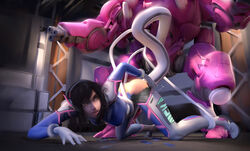 1girls all_fours ankle_grab ass ass_cutout bangs bodysuit breasts brown_eyes brown_hair consensual_tentacles d.va female female_only fucking_machine gloves headset highres human insertion meka on_floor open_smile overwatch pussy_juice rape restrained sex_machine small_breasts smile solo tentacle tentacle_sex torn_bodysuit torso_grab vaginal_insertion vermillionart