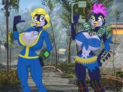 2girls anthro anthro_only avian big_breasts breasts cleavage clothing fallout greg_panovich gun huge_breasts jumpsuit nekkie_niceburgs original_character penguin pip-boy source_request uniform vault_suit what