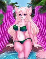 adorableinall blue_eyes breasts canine cloth day female furry long_hair mariah_veiethe no_humans pink_fur purple_hair seaside smile smiling swimsuit water wings wolf