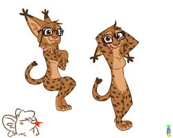 2020 african_wild_dog anthro breasts brown_body brown_eyes brown_fur canid canine chest_tuft duo ear_tuft eyewear felid feline female fur genitals glasses head_tuft hi_res lynx mammal marc_(theblueberrycarrots) milo_(juantriforce) nipples nude pussy rule_63 simple_background smile spots spotted_body spotted_fur theblueberrycarrots tongue tongue_out tuft white_background