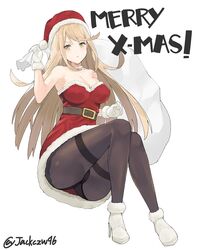 1girls ass bangs bare_shoulders blonde_hair blush breasts christmas cleavage cleavage_cutout dress earrings female fully_clothed gem hat headpiece highres j@ck jewelry large_breasts long_hair looking_at_viewer mythra_(xenoblade) nintendo panties pantyhose solo swept_bangs tiara underwear white_background wide_hips xenoblade_(series) xenoblade_chronicles_2 yellow_eyes