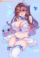 1girls abs alternate_breast_size alternate_outfit ambiguous_gender belly blush bow bowtie bra breasts brown_hair cleavage collar female feral huge_breasts human_only large_breasts larger_female leaf_(pokemon) lingerie long_hair midriff navel nintendo nude panties patreon pokemon pokemon_(species) pokemon_frlg pokemon_rgby sideboob size_difference squirtle sumisumii text thick_thighs thighhighs turtle underwear url watermark white_legwear wide_hips