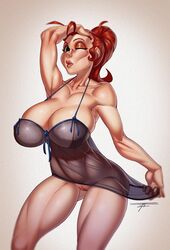 1girls big_breasts clothed eyeshadow lingerie lipstick makeup mostly_clothed negligee red_hair smutbros taboolicious tagme valerie_scott wink