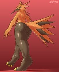 1boy 3_toes absurd_res anthro anthrofied ass avian back beak black_eyes eye_contact feet galarian_thunder galarian_zapdos half-closed_eyes hi_res looking_at_viewer looking_back male nintendo nude pokemon pokemon_(species) pokemon_rgby pokemon_ss pose red_background soles solo source_request standing testicles text thick_thighs thunder_(pokemon) toes video_games watermark wide_hips wings yellow_feathers yellow_sclera zapdos