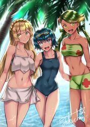 3girls abs alternate_breast_size alternate_outfit armpits beach bikini blonde_hair blue_eyes blue_hair dark-skinned_female dark_skin female female_only green_eyes green_hair lana_(pokemon) lillie_(pokemon) long_hair looking_at_viewer mallow_(pokemon) medium_breasts multiple_girls nintendo pokemon pokemon_sm pokemon_usm pose short_hair small_breasts smile source_request swimsuit takecha text trial_captain twintails water watermark