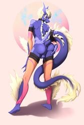 anthro aquatic_dragon armband ass balls beezlebumawoken blonde_hair clothing collar dragon electricity fin genitals hair hi_res ladon_(character) legband legwear male male_only marine presenting scalie stockings tailband