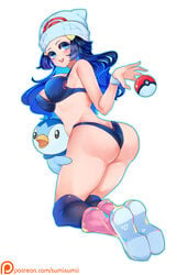 1girls alternate_breast_size alternate_outfit ambiguous_gender armpits ass avian back big_ass bikini black_legwear blush boots breasts cleavage clothed dawn_(pokemon) female feral hat larger_female lingerie long_hair looking_at_viewer looking_back midriff nintendo nude patreon piplup poke_ball pokemon pokemon_(species) pokemon_dppt simple_background size_difference sumisumii swimsuit text thick_thighs underwear url watermark white_background wide_hips