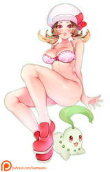 1girls alternate_breast_size alternate_outfit ambiguous_gender ass big_ass big_breasts bikini blush breasts brown_hair chikorita cleavage female feral hat large_ass larger_female leaf lingerie lyra_(pokemon) nintendo patreon pokemon pokemon_gsc pokemon_hgss scalie short_twintails simple_background size_difference sumisumii swimsuit text thick_thighs tied_hair twintails underwear url watermark white_background wide_hips