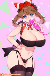 1girls :p alternate_breast_size alternate_outfit ass belly black_legwear blush bow bowtie bra breasts cleavage collar dildo female garter_belt headband heavy_breathing holding huge_breasts human human_only lingerie looking_at_viewer may_(pokemon) may_(pokemon_oras) midriff navel nintendo panties patreon pokemon pokemon_oras pose scarf sex_toy strap sumisumii text thick_thighs thighhighs tongue underwear url watermark wide_hips