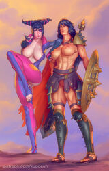 2girls abs areolae bellona bellona_(smite) big_breasts breasts capcom clothed feet female female_only juri_han kupocun large_breasts looking_at_viewer mostly_clothed multiple_girls muscles muscular muscular_female nipples pussy smite street_fighter street_fighter_v toenails toes