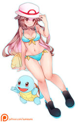 1girls abs alternate_breast_size alternate_outfit ambiguous_gender ass bag belly bikini blush breasts brown_hair cleavage female feral hat human_only larger_female leaf_(pokemon) lingerie long_hair looking_at_viewer midriff navel nintendo patreon pokemon pokemon_frlg pokemon_rgby shoes simple_background size_difference squirtle sumisumii swimsuit text thick_thighs thigh_gap turtle underwear url watermark white_background wide_hips