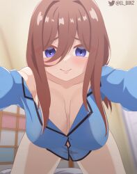 1girls bedroom big_breasts blue_eyes blue_shirt blush breasts brown_hair el_bin embarrassed female go-toubun_no_hanayome highres huge_breasts looking_at_viewer nakano_miku on_top smile waking_up