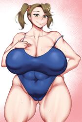 abs brown_eyes brown_hair female female_only gundam gundam_build_fighters gundam_build_fighters_try huge_breasts muscular_female natedecock naughty_face sazaki_kaoruko school_swimsuit seductive seductive_smile smile thick_thighs venus_body voluptuous