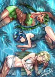 3girls abs alternate_breast_size alternate_outfit armpits ass beach bikini blonde_hair blue_eyes blue_hair dark-skinned_female dark_skin female female_only green_eyes green_hair lana_(pokemon) lillie_(pokemon) long_hair looking_at_viewer lying mallow_(pokemon) medium_breasts multiple_girls nintendo pokemon pokemon_sm pokemon_usm posing short_hair small_breasts smile smiling_at_viewer source_request swimsuit takecha text trial_captain twintails water watermark wide_hips wink winking winking_at_viewer