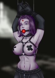 1girls 5:7 arms_above_head ball_gag bondage bound breasts captured chains collar cuffs dc dc_comics demon_girl deviantart female female_only femsub forced forehead_jewel gag gagged gloves goth goth_girl handcuffs harness helpless kidnapped lingerie lipstick medium_breasts nipples nipples_covered purple_eyes purple_eyes_female purple_hair purple_hair_female rachel_roth raven_(dc) restrained short_hair short_hair_female short_purple_hair teen_titans vivs11