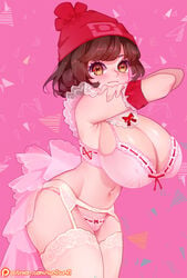 1girls alternate_breast_size alternate_outfit armpits beanie_hat belly blush bow bowtie bra breasts cleavage collar female garter_belt hat huge_breasts human human_only large_breasts lingerie midriff navel nintendo panties patreon pokemon pokemon_sm pose selene_(pokemon) strap sumisumii text thick_thighs thighhighs underwear url watermark white_legwear wide_hips