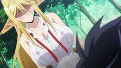 1boy animated assisted_exposure big_breasts blonde_hair blue_eyes breasts centorea_shianus exposed_breasts female male monster_musume_no_iru_nichijou nipples no_sound official_copyright straight sехual tagme video