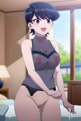 ai_generated black_hair bottomless komi-san_wa_komyushou_desu komi_shuuko large_breasts milf nekom14 nipples_visible_through_clothing no_panties short_hair through_clothes