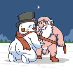 1:1 2020 anthro ass balls belly christmas clothing duo flaccid frosty_the_snowman gay genitals hat headgear headwear holidays human male male_only mammal navel night outside overweight overweight_male penis saltshovel santa_claus snow snowman