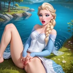 ai_generated ass bare_thighs blonde_female blonde_hair blonde_hair blonde_hair_female blue_eyes bottomless braid braided_hair disney disney_princess dress elsa_(frozen) eyeshadow female female_focus female_masturbation female_only fingering fingering_pussy fingering_self fingers_in_pussy flower frozen_(film) grass hair_over_shoulder half-dressed half_dressed half_naked half_nude knee_up lake legs_apart legs_spread light-skinned_female light_skin lipstick long_hair long_sleeves makeup masturbating masturbation nature no_panties off_shoulder open_mouth open_mouth outdoors outside plant pussy reflective_water river rock single_braid sitting sitting_down sitting_on_ground solo solo_female solo_focus spread_legs thighs tree water