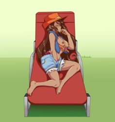 1girls badlavender barefoot breasts brown_hair chair clothing cowboy_hat dark-skinned_female dark_nipples epithet_erased eyes_closed feet female female_only green_background hat long_hair masturbation nipples no_bra open_clothes short_jeans solo zora_salazar