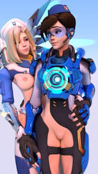 3d blue-tinted_eyewear breasts cadet_oxton chronal_accelerator combat_medic_ziegler crotchless exposed_breasts exposed_pussy female gun mercy nipples overwatch pistol pussy tinted_eyewear tracer uniform visor weapon