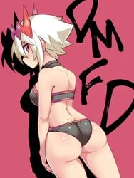 1girls bikini choker cougar1404 dat_ass dragon_marked_for_death empress_(dmfd) female_only inti_creates letters looking_at_viewer looking_back red_eyes short_hair swimsuit text white_hair