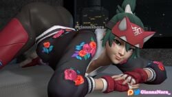 3d asian asian_female big_butt brown_eyes cute green_hair japanese kiriko_(overwatch) looking_at_viewer on_bed overwatch prostrate