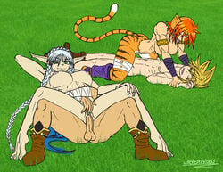 2boys 2girls anthro asian_cowgirl_position blonde_hair blue_hair boots braided_hair breath_of_fire breath_of_fire_ii camelot capcom cat_ears cat_tail claws cowgirl_position crossover femdom fingering fingering_partner fondling fondling_breast functionally_nude golden_sun golden_sun_dark_dawn grass happy happy_sex katt katt_(breath_of_fire) kemonomimi large_breasts long_hair looking_pleasured lying_on_person matthew monster_girl muscular nintendo on_back outdoors partially_clothed red_hair restrained reverse_cowgirl_position ryuu ryuu_(breath_of_fire_ii) short_hair sveta swingers tiger_girl tiger_stripes twin_braids twintails vaginal_penetration wickedraiden