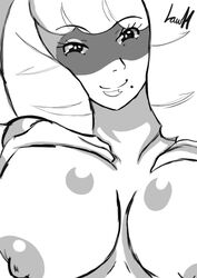 1girls beauty_mark breasts eye_contact female half-closed_eyes huge_breasts human human_only klara_(pokemon) learnartwithhentai looking_at_viewer monochrome nintendo nipples pokemon pokemon_ss pokemon_ss_isle_of_armor sketch smile solo source_request text topless watermark